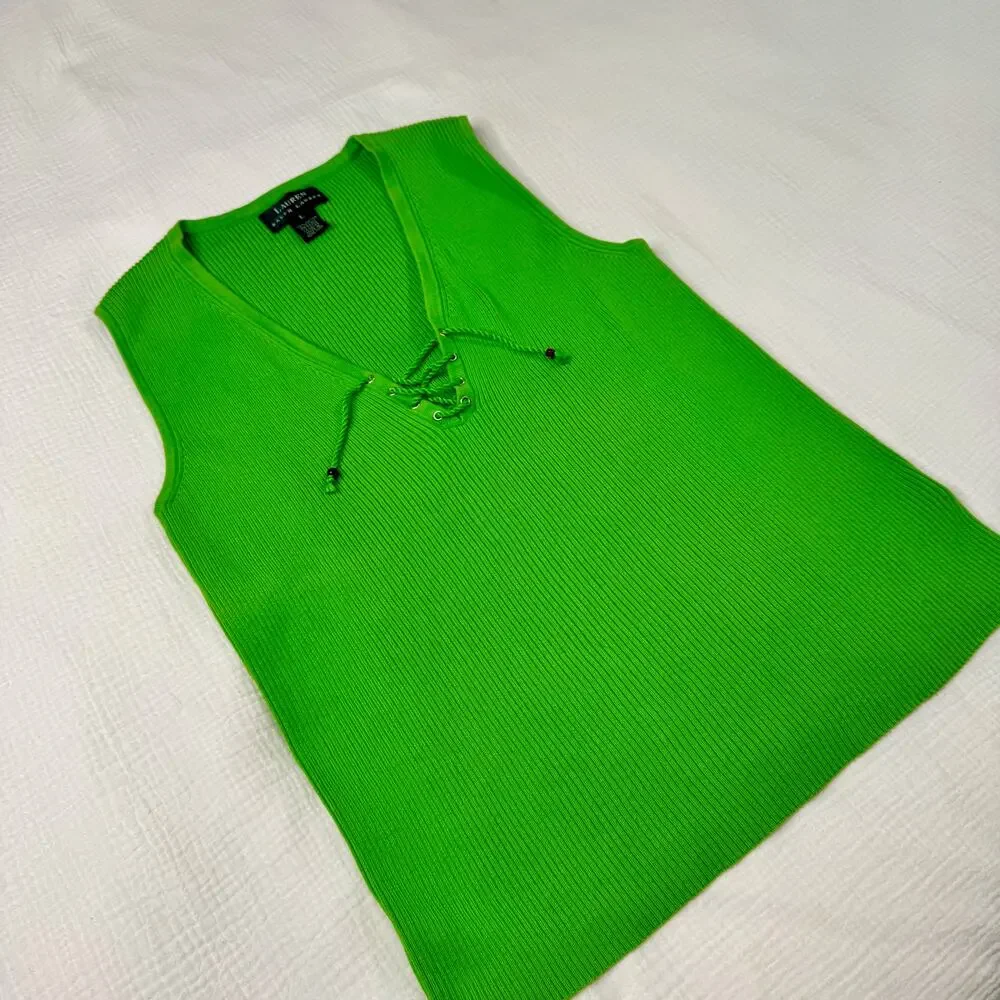 Lauren Ralph Lauren Sleeveless Top V-Neck Lime Green Women's Large Whimsy Y2K - Picture 3 of 16